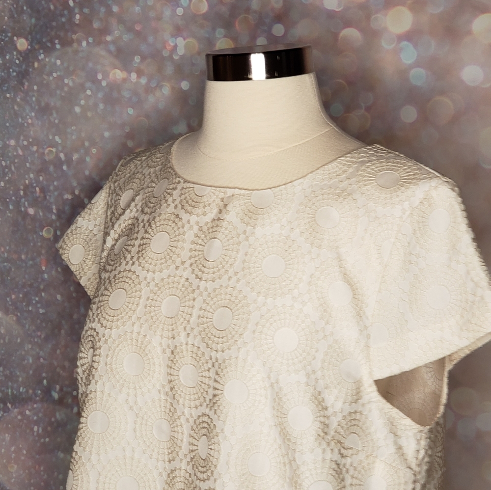 Kensie Cream Textured Eyelet Dot Short Sleeve Blouse